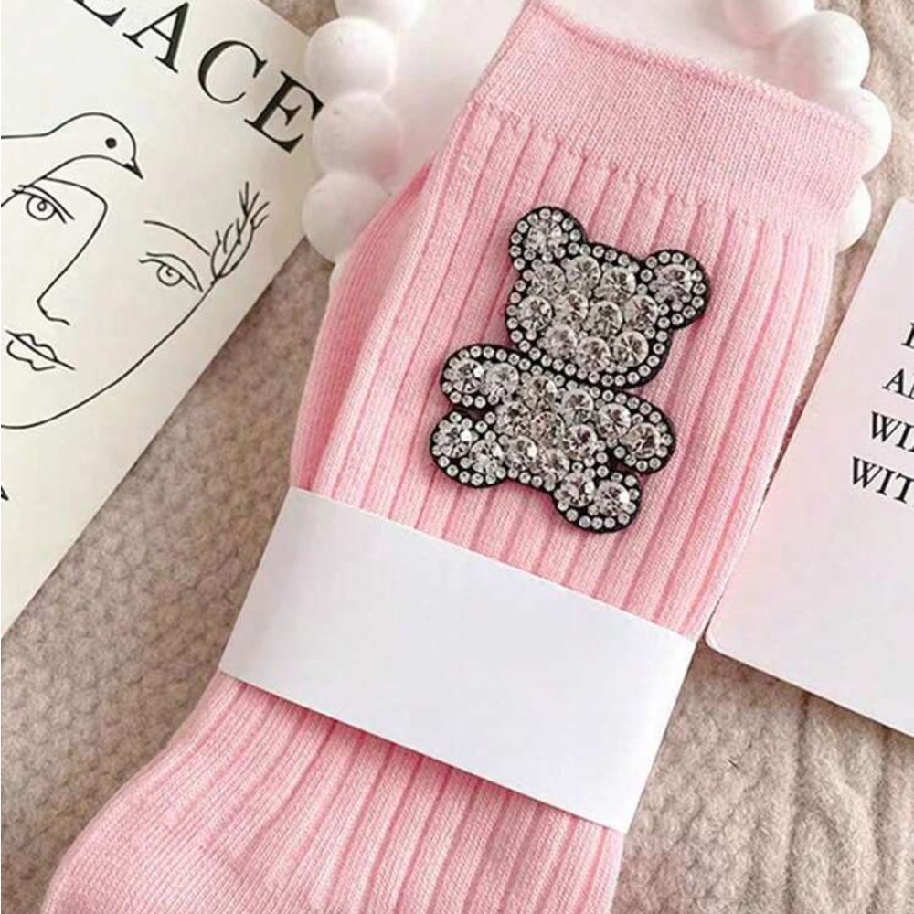 NEW-Pink Bear Embellished Socks